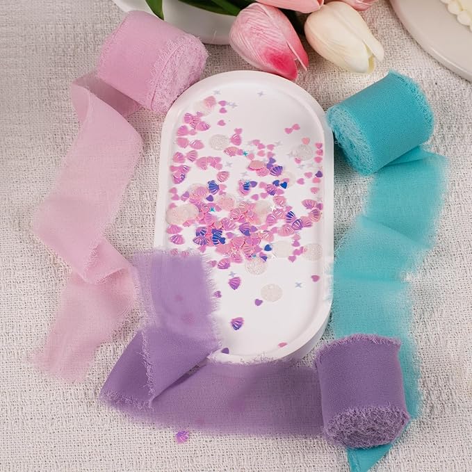 Chiffon Ribbon, Pink Purple Teal Silk Mermaid Ribbon, Mermaid Party Decoration, 1-1/2''x21Yd Handmade Frayed Fringe Ribbon for Gift Wrapping, Floral Vase, Craft, Birthday Party, 3 Rolls