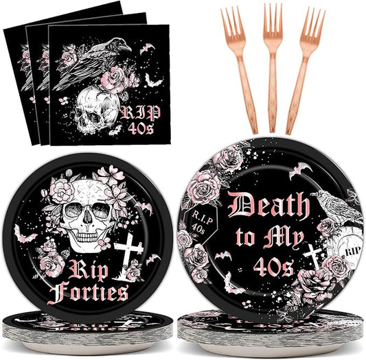 Qyeahkj 100 Pcs 50th Birthday Party Supplies Death to My 40s Paper Plates and Napkins Set Black Rose Gold Rip to My 40s Disposable Tableware Decorations for Women Forties Funeral Youth Serve 25 Guests