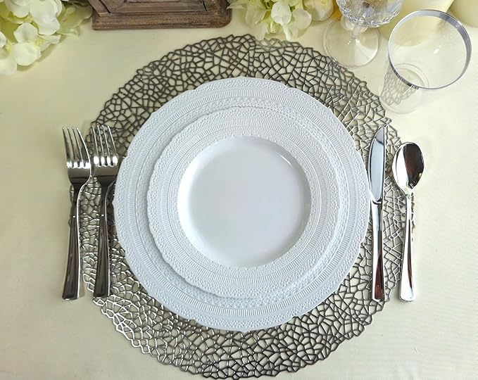 OCCASIONS 50 Disposable Plastic Plates for 25 Guests - Heavy Duty Wedding Party Plate Set, 25 x 11" Dinner + 25 x 8.25" Dessert, Looks Like Real China, Elegant Fancy Reusable, BPA Free (Chateau White)