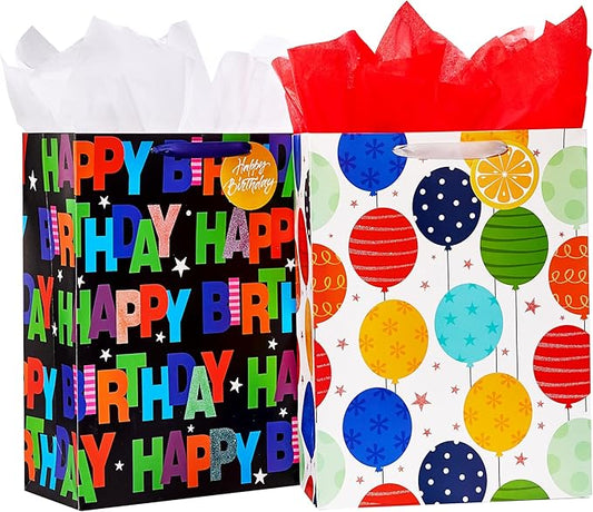 Bobobag 2 Pack 16.5" Large Gift Bag with Tissue Paper for Happy Birthday (Balloons)