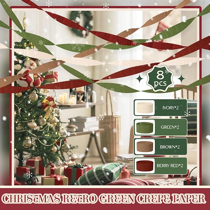 NICROLANDEE Christmas Decorations, 8 Rolls Green Red Brown Crepe Paper Party Streamers for Xmas Hanging Backdrops Decorations, Wedding, Bridal Baby Shower, Birthday, Christmas DIY Craft Supplies