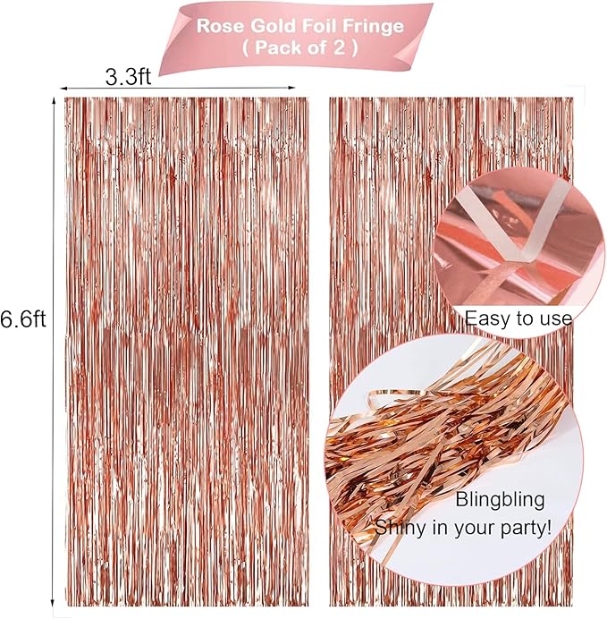 Rose Gold Birthday Party Decorations, Happy Birthday Banner, Rose Gold Fringe Curtain, Heart Star Foil Confetti Balloons, Hanging Swirls for Women Girls Birthdays Princess Party