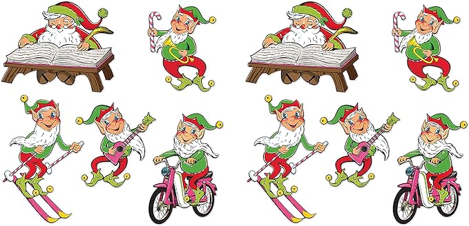 Beistle Vintage Christmas Santa & Elves Cutouts – 10-Pack Double-Sided Retro Holiday Paper Decorations in 5 Nostalgic Mid-Century Designs for Windows, Walls, and Winter X-Mas Displays, 14"–21"