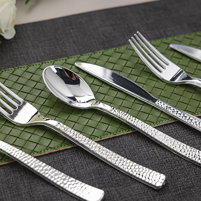 150PCS Silver Plastic Silverware, Heavy Duty Plastic Cutlery Set, Disposable Utensils - 50 Forks, 50 Spoons and 50 Knifes for Party, Wedding and Events