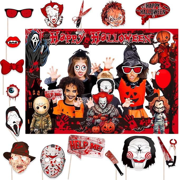 Halloween Photo Booth Props Kit, 16PCS Photo Props & Selfie Frame Halloween Party Decoration Supplies Dress Up Party Costumes Accessories for Photoshoot Selfie Props (Red)