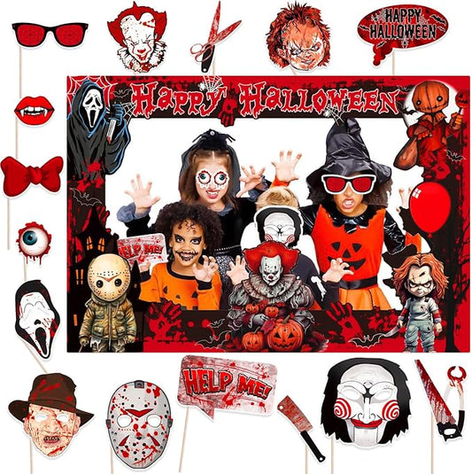 Halloween Photo Booth Props Kit, 16PCS Photo Props & Selfie Frame Halloween Party Decoration Supplies Dress Up Party Costumes Accessories for Photoshoot Selfie Props (Red)