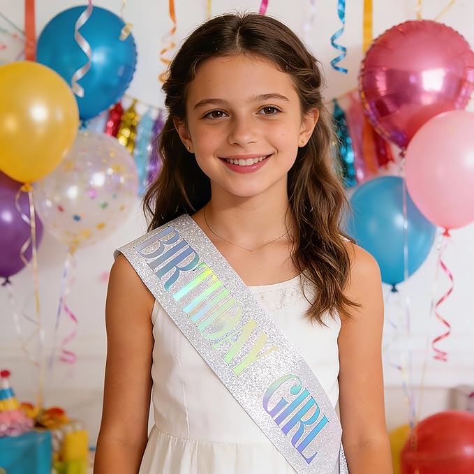 Birthday Sash for Girl, Dazzle Foil Letter Glitter Silver Birthday Sash for Women Girl Kids Teenager Bday Gifts Party Favors Photo Prop