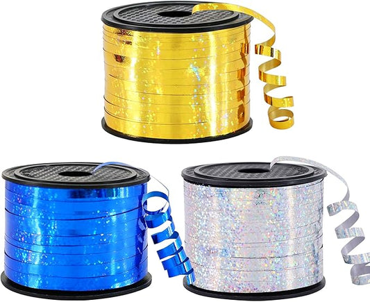 BEISHIDA 3 Pack 100 Yards Blue Gold Silver Curling Crimped Glitter Ribbon Balloon String Shiny Metallic Gift Wrapping Ribbon for 2026 Graduation Retirement Boys Kids Birthday Party Decoration