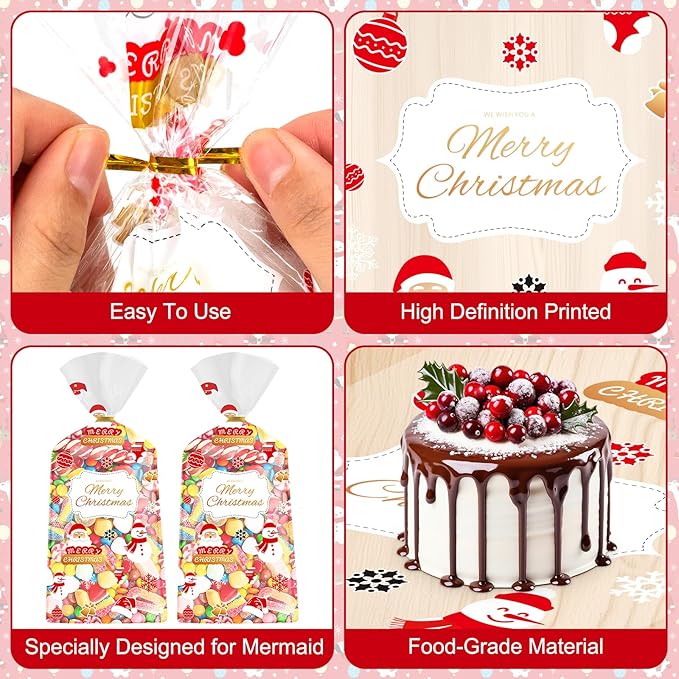50 Pcs Christmas Treat Bags - Merry Christmas Gift Bags Bulk, Plastic Santa Claus Snowman Christma Cellophane Cello Candy Cookie Goodie Bag with Twist Ties for Winter Xmas Christmass Party Favors