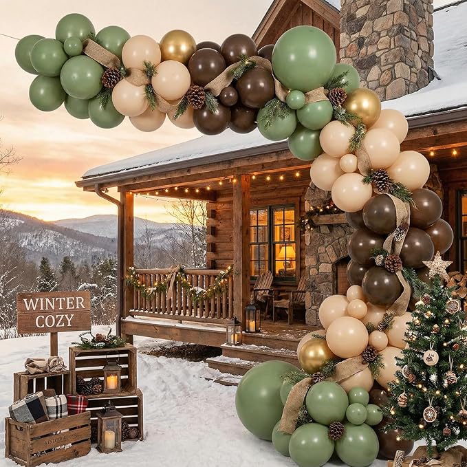 RUBFAC Sage Green and Brown Balloons, 65pcs Olive Green Dark Brown Coffee Nude Gold Metallic Party Balloons for Camo Army Hunting Birthday Jungle Safari Woodland Floral