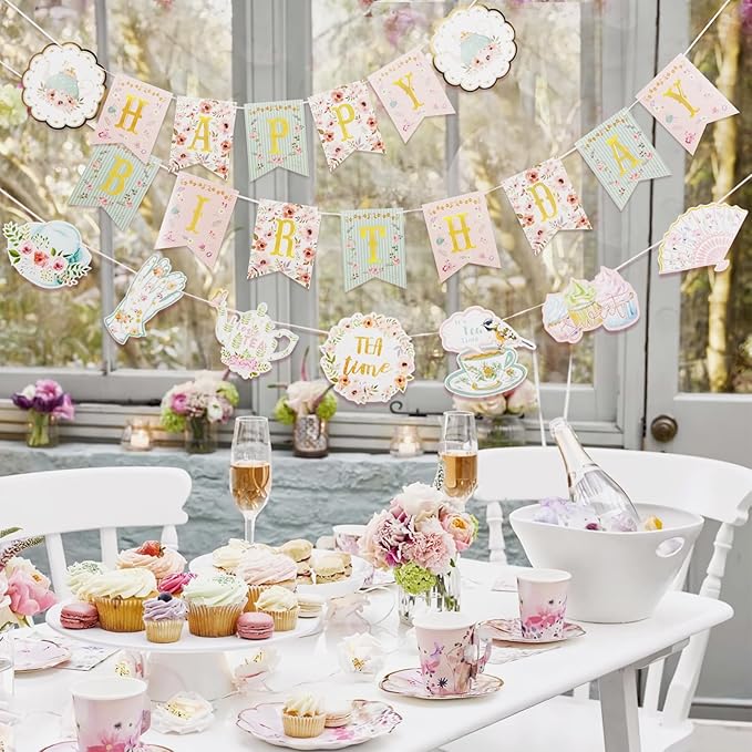 SUNBEAUTY Floral Tea Party Birthday Decorations Tea Happy Birthday Banner Floral Garland Birthday Hanging Banner for Baby Bridal Shower Spring Garden Tea Party Decorations | Pre-Strung