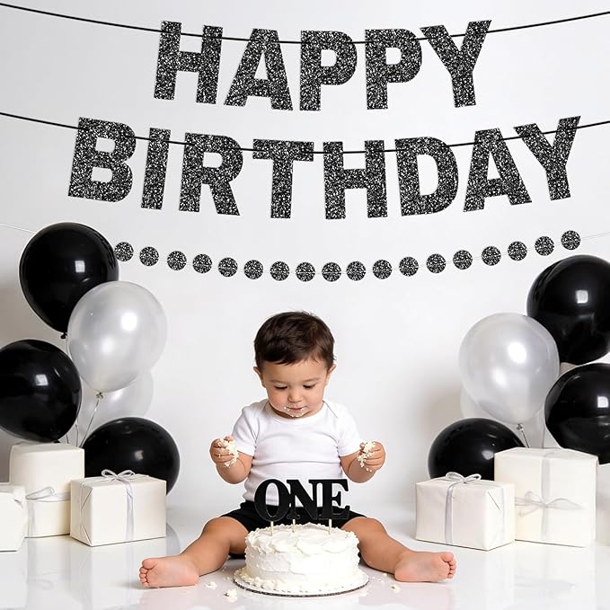 Happy Birthday Banner Pre-Strung Birthday Party Decorations NO DIY Glitter Happy Birthday Sign Circle Dots Garland Birthday Hanging Decorations for Women Men Birthday Party Supplies (Black)