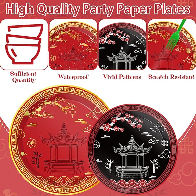 Qyeahkj 100 Pcs Hibachi Party Supplies Paper Plates and Napkins Set Disposable Japanese Tableware Decorations for Spring Festival Japanese Hibachi Theme Chinese Party Favor Baby Shower Serve 25 Guests