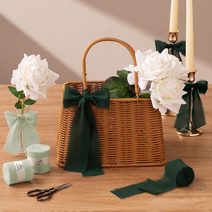 DORIS HOME 2" x21Yd Chiffon Ribbon for Flower Bouquet, Green & Cream Fabric Ribbon for Gift Wrapping, Handmade Frayed Ribbon for Wedding/Christmas Decorations