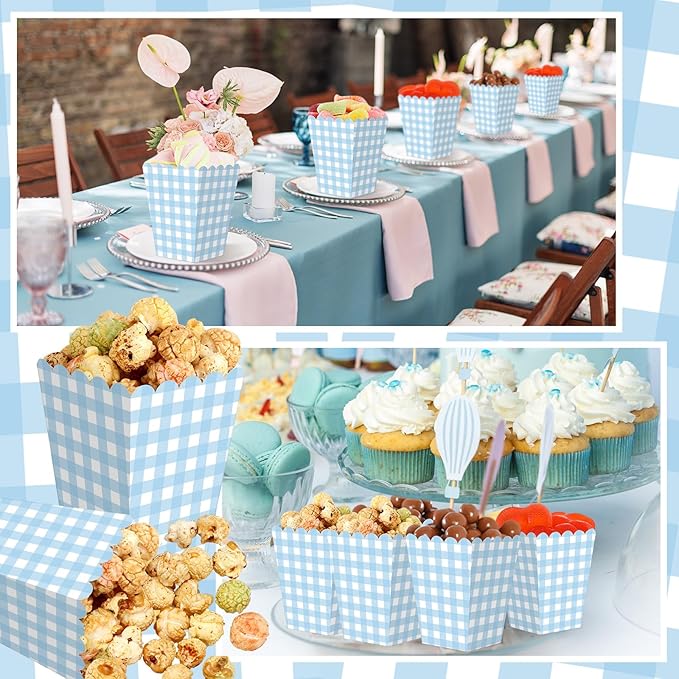 Gueevin 100 Pcs Blue Gingham Popcorn Boxes with Scalloped Mini Popcorn Boxes Small Gingham Blue Party Favor Bulk for Movie Night Decorations Bridal Baby Shower Party Supplies