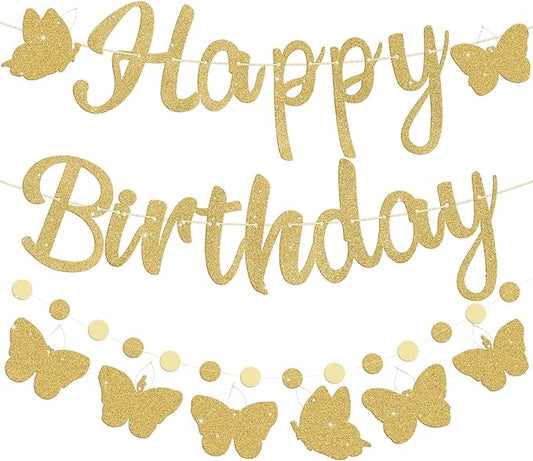Pre-Strung Happy Birthday Banner, NO DIY Birthday Decorations with Circle Dot Garland and Butterflies, Happy Birthday Party Decorations for Women Girls (Gold)