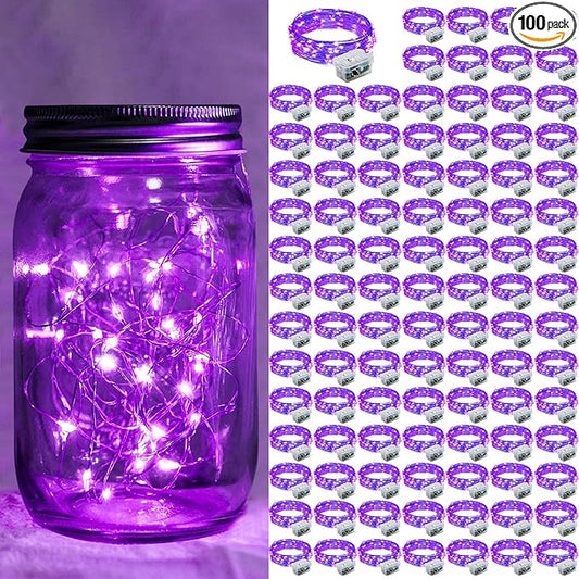 100 Pack Purple Fairy Lights 7Ft 20 LED Twinkle String Lights 3 Modes Battery Operated Waterproof Firefly Starry for Mason Jar Wedding Halloween Christmas Valentines Day Party Table Centerpieces