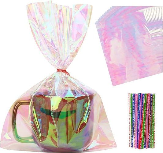 50 PCS Holographic Bags(8x11 Inch) with Colorful Ties, Clear PLastic Iridescent Cellophane Goodie Gift Treat Candy Goody Cookie Bags for Holiday Birthday Valentines Party Favors Supplies Decorations