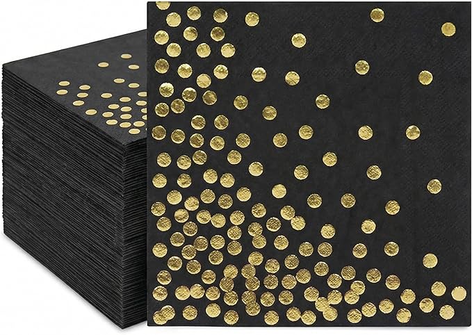 100 Pack Balck Gold Cocktail Napkins with Gold Foil Polka Dot, 3-Ply Party Paper Napkins, 5 x 5 Inches Bar Napkin Disaposable for Weddings, Birthdays, Baby Showers, Anniversaries, and Cocktail Parties