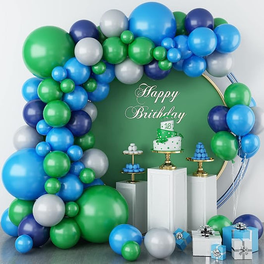 Blue and Green Balloon Garland Kit Dark Green Navy Blue Dark Blue Balloons Arch with Ribbon for Boy Girl Jungle Theme Party Birthday Baby Shower Wedding Graduation Anniversary Background Decorations