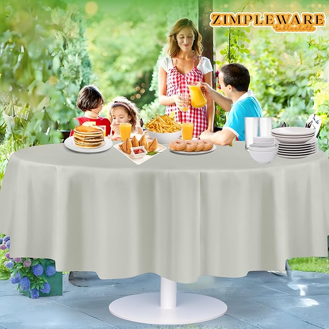 ZIMPLEWARE Premium Light Grey Plastic Table Cloth Disposable (12 Pack) Round Tablecloth (84in) Party Table Cloths Disposable, Perfect Table Cloth Round Cover for Any Table Up to 6 Feet