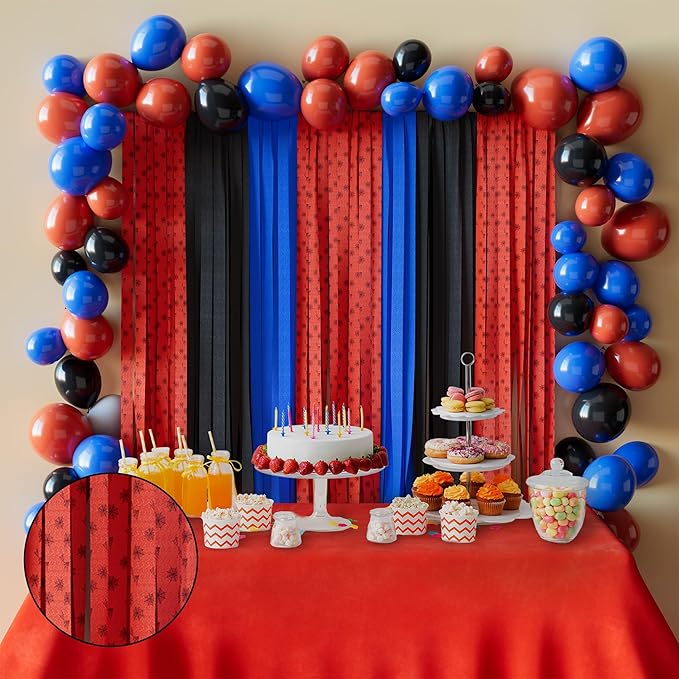 Black Red Blue Crepe Paper Streamers Party Decorations 6 Rolls 492ft Spider Crepe Paper Streamers for Spider Theme Party Baby Shower Graduation Wedding DIY Backdrop 1.8 Inch x 82 Ft/Roll