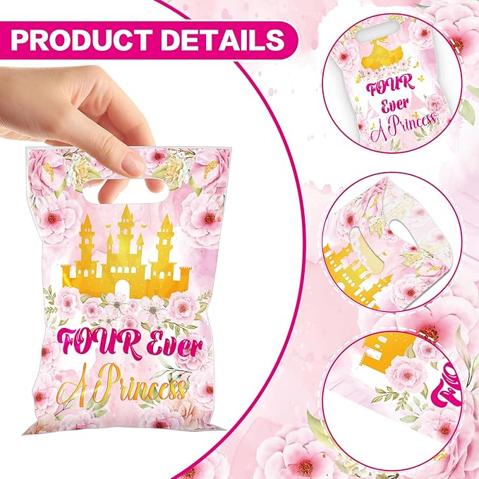 MOIZYNG 50Pcs Four Ever A Princess Gift Bags with Handles, Pink Gold Floral Castle Princess 4th Birthday Plastic Snack Treat Goodie Bags for 4 Year Old Girl Birthday Decorations