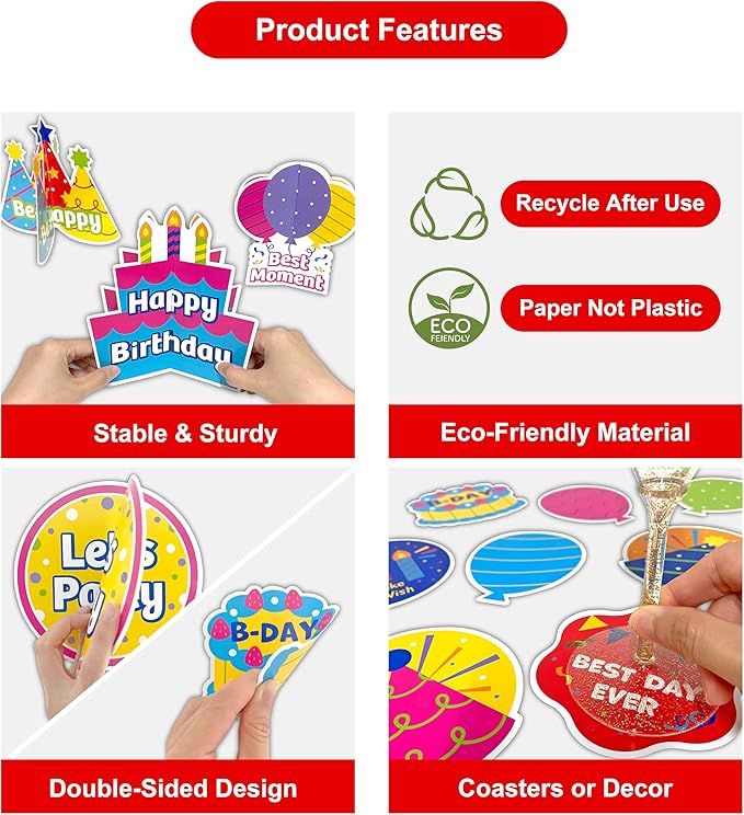 HonuGoGo Birthday Table Decorations Kit, 46ct Colorful Party Supplies with Table Centerpieces, Coasters & Confetti—Ideal for Dining Tables, Dessert Tables & Birthday Party Celebrations