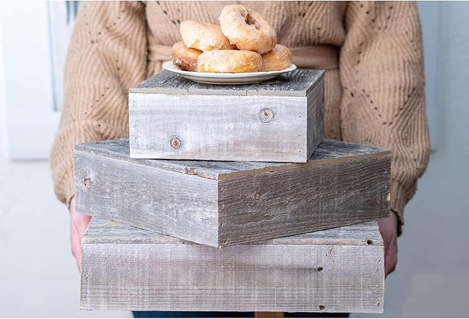 BARNWOODUSA Wood Cake Stand Set of 3 Natural Weathered Gray Rustic Wooden Wedding Dessert Stand Vintage Sturdy 100% Reclaimed Wood