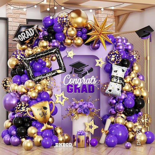141Pcs Purple Gold Black Graduation Balloon Garland Arch Kit,with Explosion Star,Diploma,Trophy,Grad Hat,Photo Frame Foil Balloon for Congrats Class of 2026 Graduates Celebration Party Decoration