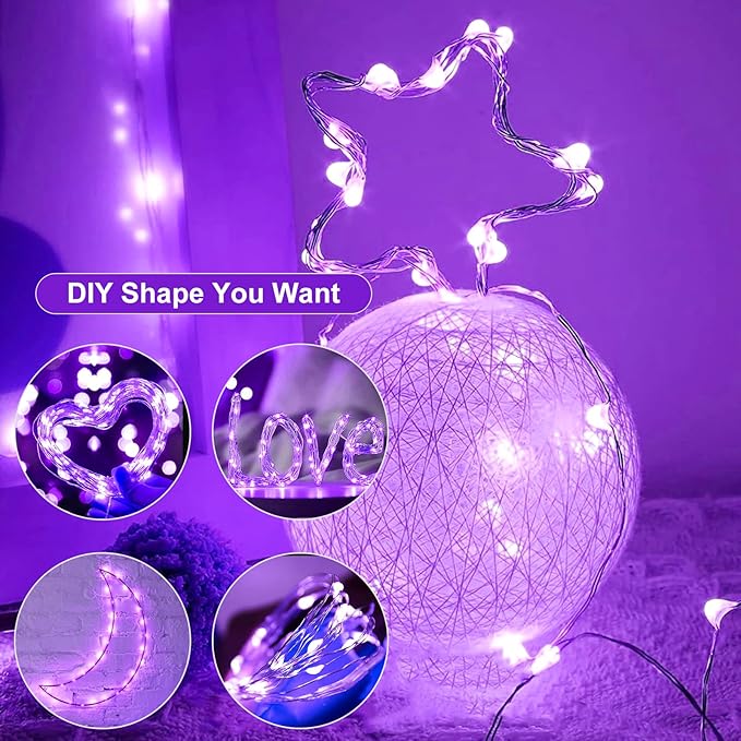 Fairy Lights,Silver Wire String Lights Waterproof,Battery Operated 7FT 20LED Firefly Starry Moon Lights for DIY Christmas Wedding Party Bedroom Decor (Purple, 12 Pack)