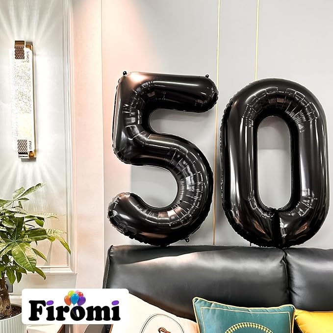 FIROMI 50 Number Balloons Black Big Giant Jumbo Mylar Foil 50 Balloon Numbers for 50th Birthday Party Anniversary Decorations 40-inches