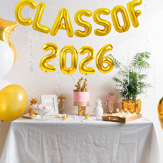 TONIFUL Gold Class of 2026 Graduation Balloon Banners Foil Balloons Decorations 2026 Congrats Grad Balloons for Class of 2026 Congratulation Graduations Party Supplies
