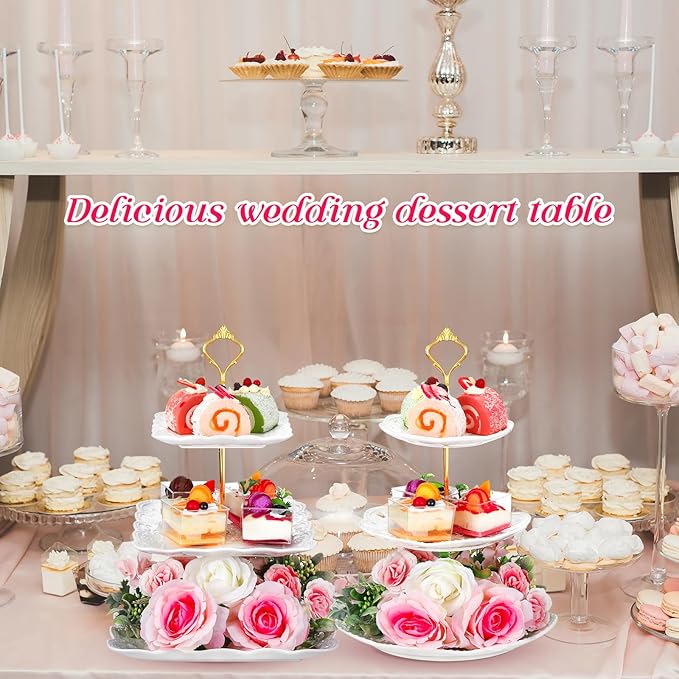 Ctosree 2 Pcs 3 Tier Porcelain Cupcake Stand Round and Square White Ceramic Cake Stand 3 Tier Serving Tray Tiered Dessert Display Embossed Tea Elegant Stands Wedding