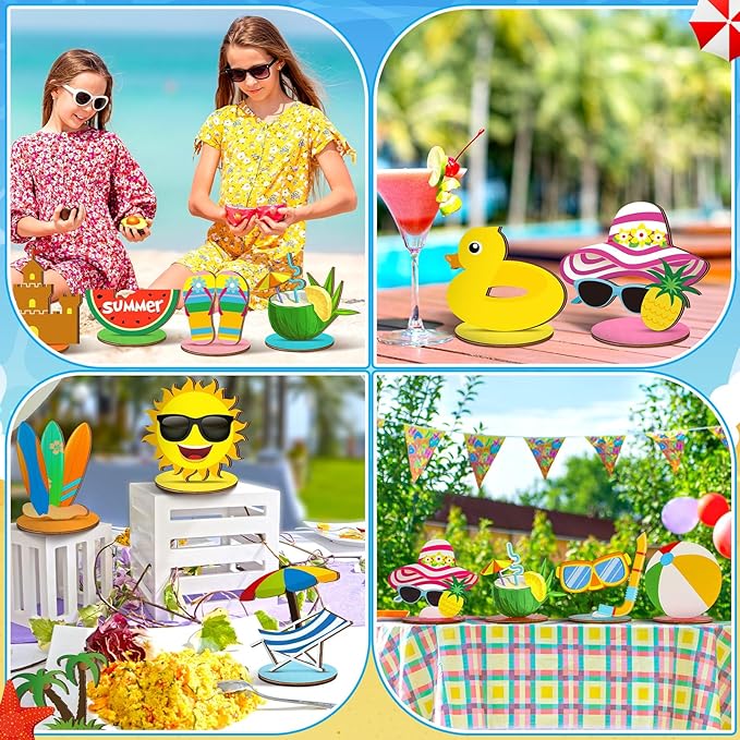 Marsui 12 Pcs Summer Beach Decor Set Tropical Hawaii Tiered Tray Decor with Wood Blocks Beach Pool Balls or Table Centerpieces Kitchen Shelf Wedding Garland Home Decoration