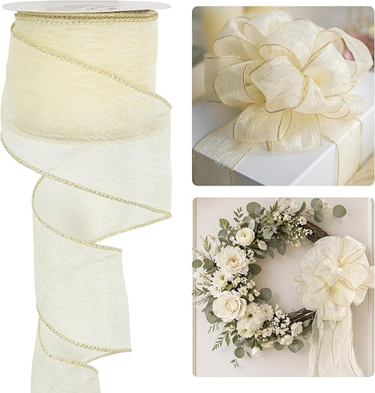 HUIHUANG Ivory Wired Ribbon 2-1/2 inch Cream Metallic Silk Wire Edge Ribbon for Crafts Gift Wrapping Basket Wreaths Bows Making Home Wedding Decor Christmas Tree Bows -Continuous 10 Yards