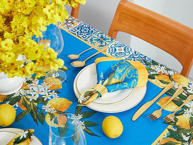 YiHomer Provence Blue Lemon Mediterranean Tile Tabletop for Spring Summer Decorations, Picnics and Dinner Parties - Indoor Outdoor, Stain and Water Resistant, Tablecloth, 60 x 102 Rectangle
