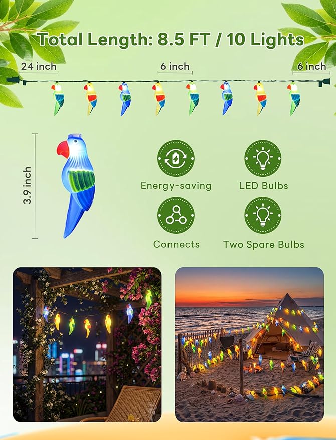 Parrot String Lights, 8.5FT 10 LED Summer String Lights with UL Certified Plug, Waterproof Tropical Party Decorations for Patio, Connectable Hawaiian Lights for Garden Backyard Bedroom Decor