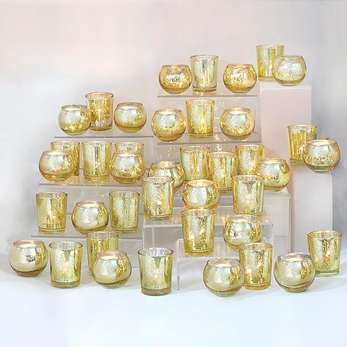 48pcs Assorted Gold Votive Candle Holders Bulk for Table Centerpieces,Mercury Glass Candle Holder for Tea Lights,Wedding Decorations, Christmas/Diwali Decorations for Home,Gold Party Supplies