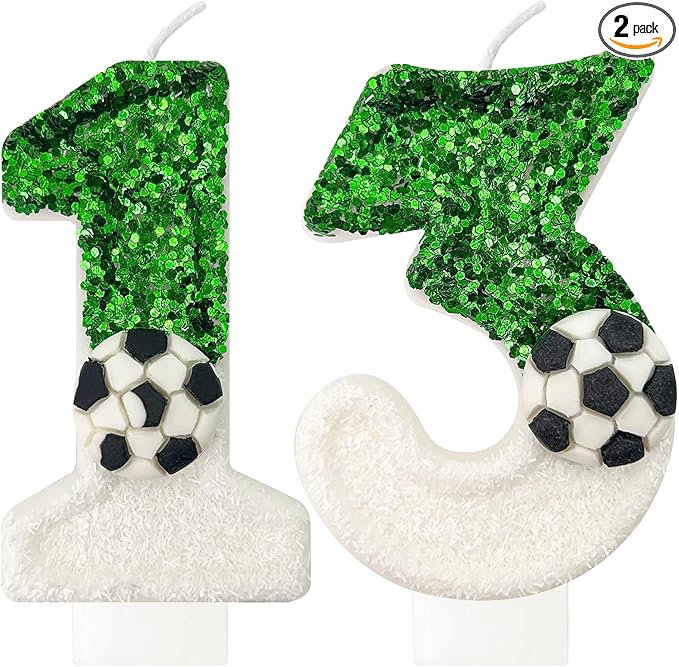 Soccer Birthday Candles Cake Topper for Girl and Boy, Wedding Cakes, Anniversaries, Party Celebrations, Birthday Decorations (Green White, 13)
