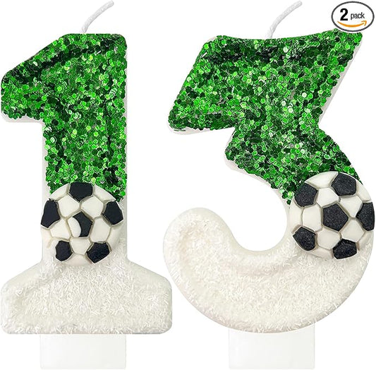 Soccer Birthday Candles Cake Topper for Girl and Boy, Wedding Cakes, Anniversaries, Party Celebrations, Birthday Decorations (Green White, 13)