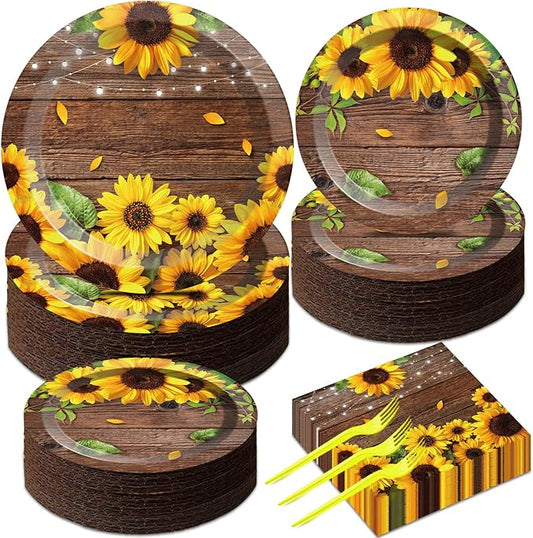 200PCS Sunflower Paper Plates and Napkins Sunflower Birthday Party Decoration Hoedown Party Decorations Supplies with Wood Land Background Bridal Baby Shower Tableware Brown Country Rustic Style