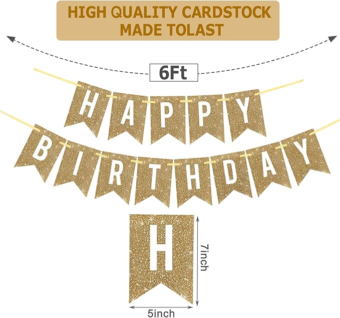 Netnology Pre-Strung Gold Happy Birthday Banner Decorations,12 ft No DIY Gold Glitter Birthday Party Banner Sign Decor for Women Men Girl Boy Party Supplies