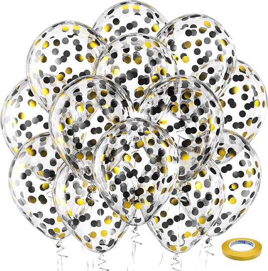 Bezente Black Gold Confetti Latex Balloons - 60 Pack 12 inch Helium Black Gold Confetti Balloons for Wedding Graduation Bridal Shower Birthday Party Decorations
