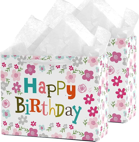 Febbleshow Pink Floral Birthday Gift Bags with Tissue Paper for Women Girls Kids - Colorful Letter Design with Pink Flowers Gift Bag - 13"x10.3"x4.7" (Pack of 2)