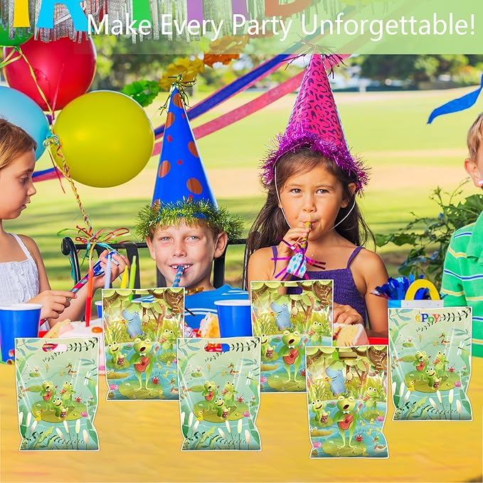 Falueqg Frog Party Favor Bags - 50 Pcs Green Frog Goodie Candy Gift Bags Summer Animal Theme Party Supplies for Birthday Baby Shower Decorations