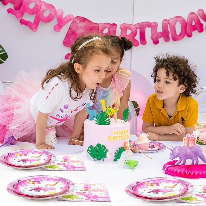 WERNNSAI Girl Dinosaur Party Decorations - 64 PCS Dinosaur Plates Napkins and Forks Pink Dino Birthday Decorations Dino Party Plates for Kids Girls Birthday Baby Shower Favors Serves 16 Guests