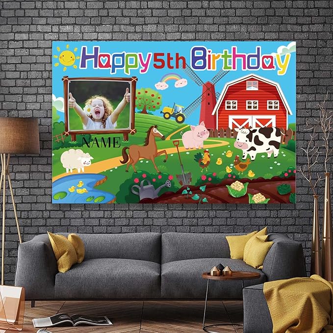 Custom Farm Animal Happy Birthday Party Decorations Supplies Personalized Farm Animal Barn Cow Farmhouse Birthday Backdrop Banner(4x6ft)