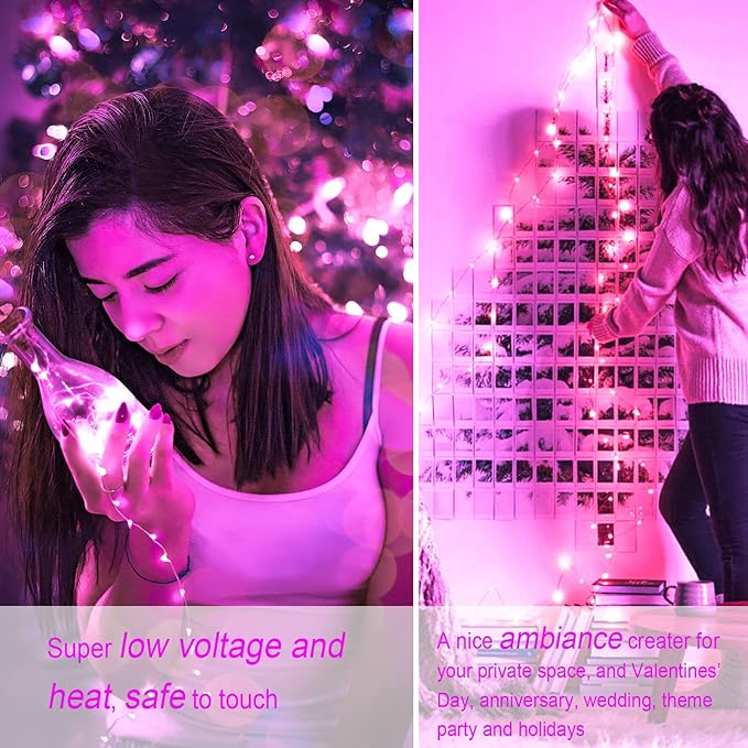 SmilingTown Battery Operated Fairy String Lights 24 Pack 20 LED 7.2ft Starry Firefly Copper Wire for Wedding Party Table Centerpiece Halloween Christmas Decorations (Pink)