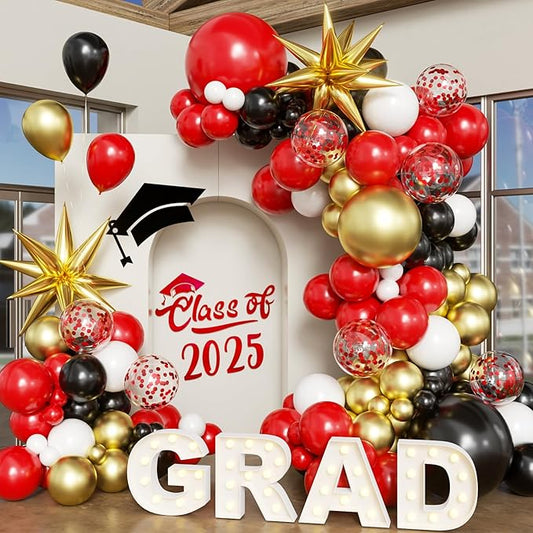Black Red Gold Balloon Arch Kit Graduation Decorations 2026, 130Pcs Red Gold White Balloons and Foil Star Balloon with Confetti Ribbons Grad Party Decorations for College High School Class of 2026